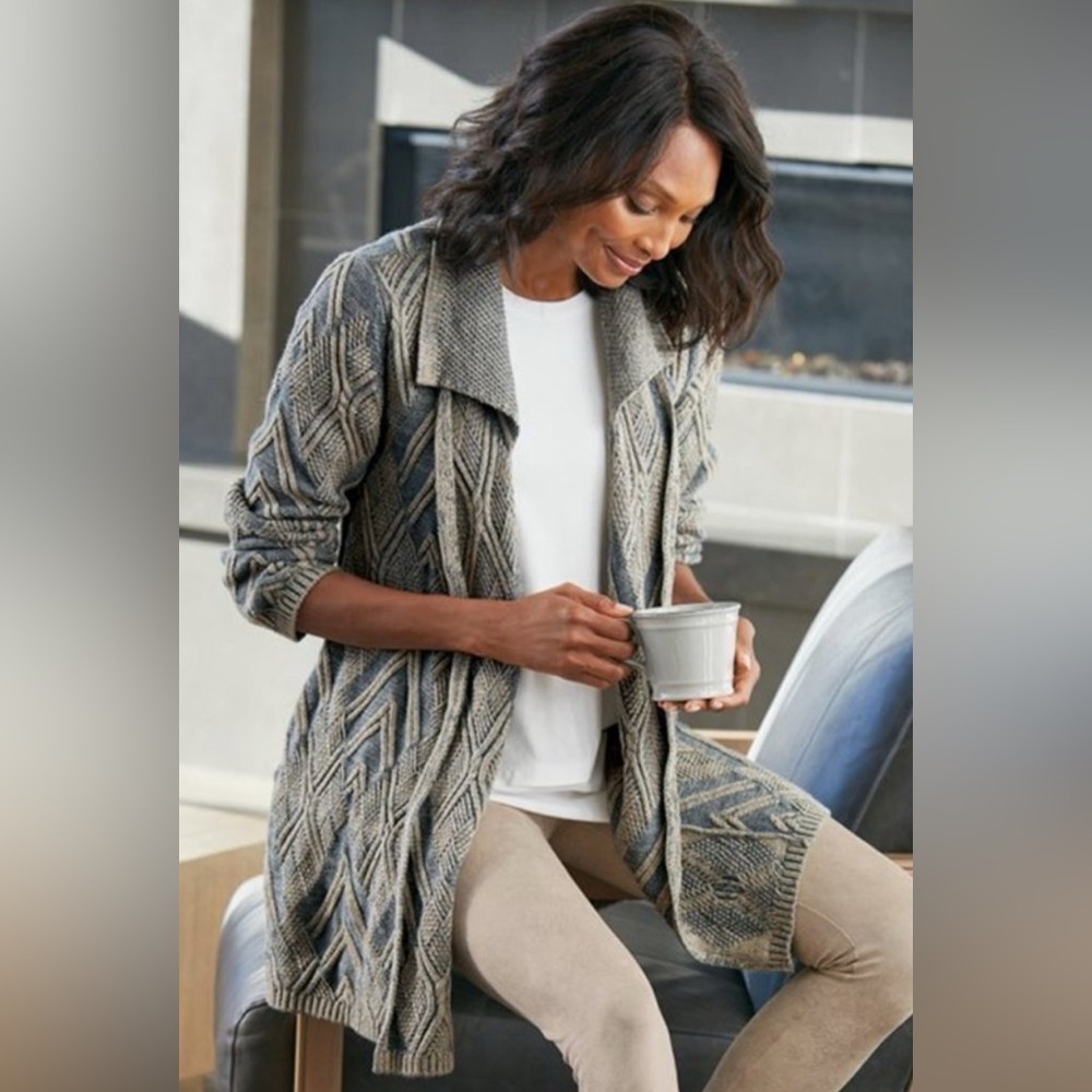 Soft Surroundings Penrose Sweater Open Front Cardigan Folded Collar Charcoal M